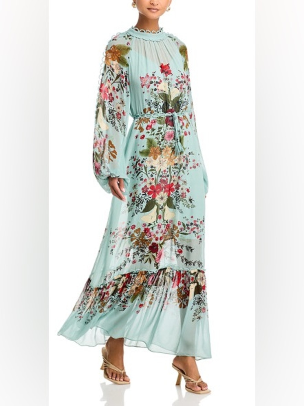 Farm Rio Dress Medium Beauty Bouquet Floral Long Sleeve Maxi Green Maxi Boho - Picture 1 of 16